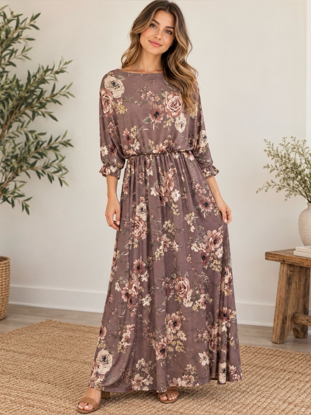 white birch Romantic Boho Dusty Mauve Floral Maxi Dress Dusty Rose/Brown Sz L
